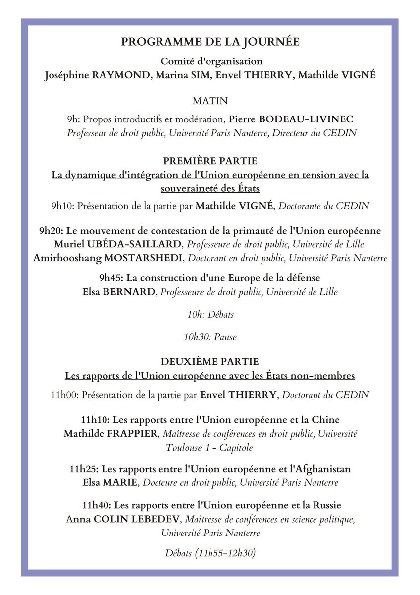 Josephine_Rymd's tweet photo. Le jeudi 24 mars prochain, de 9h à 18h, aura lieu la quatrième Journée Patrick Daillier, dédiée à « L’Union européenne, sujet et acteur singulier du droit international », au @CEDINanterre. Inscriptions obligatoires (présentiel et distanciel): cedinsg@liste.parisnanterre.fr https://t.co/mOtwi4EsSB