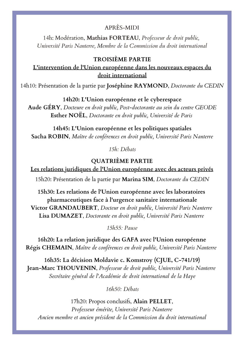 Josephine_Rymd's tweet photo. Le jeudi 24 mars prochain, de 9h à 18h, aura lieu la quatrième Journée Patrick Daillier, dédiée à « L’Union européenne, sujet et acteur singulier du droit international », au @CEDINanterre. Inscriptions obligatoires (présentiel et distanciel): cedinsg@liste.parisnanterre.fr https://t.co/mOtwi4EsSB
