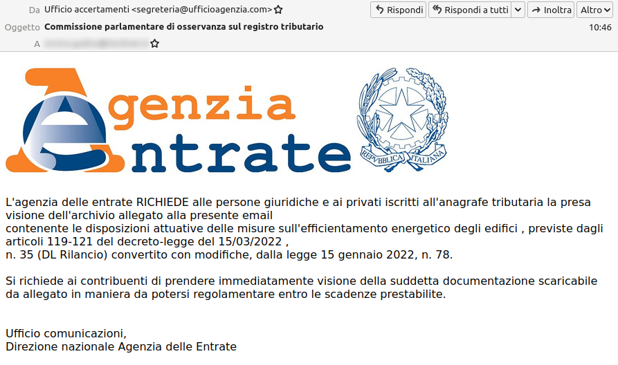 AgidCert's tweet photo. La medesima campagna #Ursnif sta veicolando anche tramite falsa comunicazione @Agenzia_Entrate 

Dropurl differenti, utilizza la stessa DLL e stessi C2

#IoC aggiornati https://t.co/3L1VS4CYsW