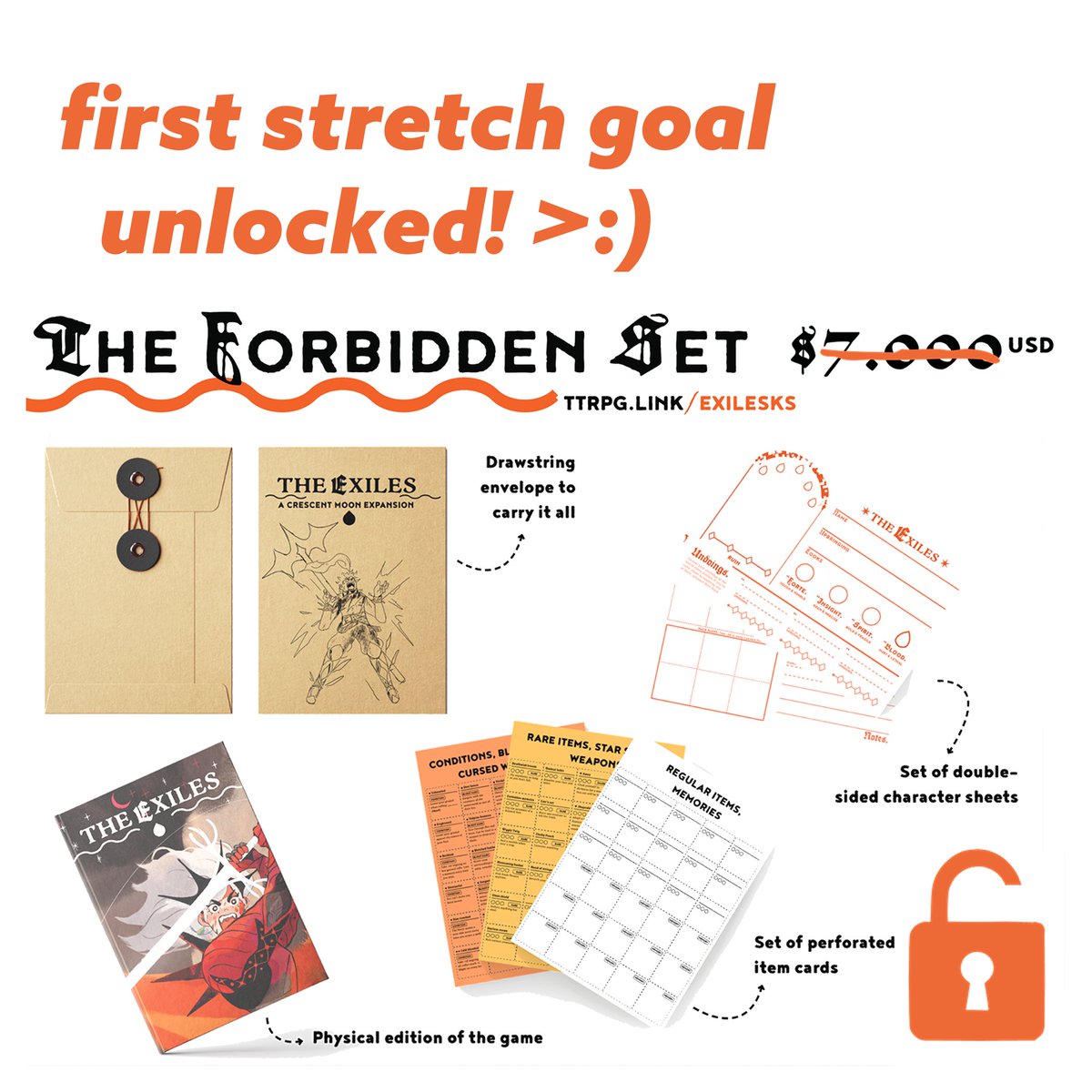 pocketcompassco's tweet photo. omg! we did it! :o 
we just just hit our first stretch goal for The Exiles' campaign: All physical pledges have now been upgraded to THE FORBIDDEN SET, a dreaded package that includes everything you need to play inside. 💀🩸 https://t.co/sJxNdx5skc