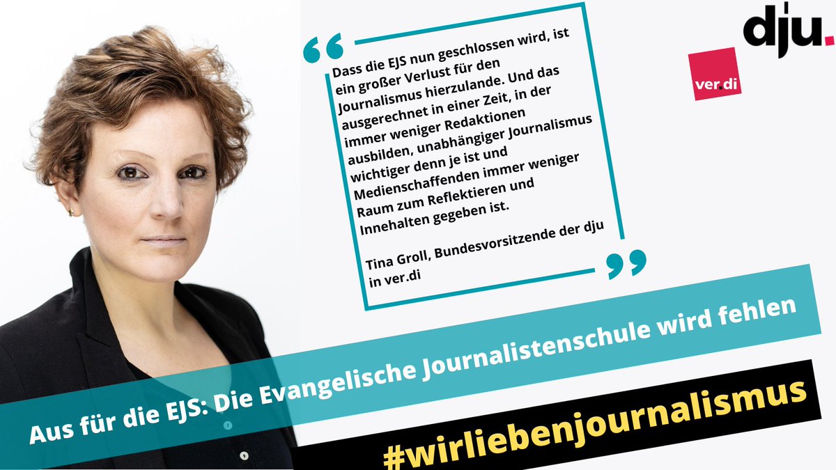 dju in ver.di (@djuverdi) on Twitter photo Wir bedauern die Schließung der <a href="/ejs_berlin/">Evangelische Journalistenschule</a> sehr. Es ist ein schmerzlicher Verlust, für den Journalismus, für die Vielfalt, für die Auseinandersetzung mit christlichen Werten, kommentiert unsere Vorsitzende <a href="/tinagroll/">Tina Groll</a> für
@Mx3_Online: mmm.verdi.de/beruf/ein-verl… Wir bedauern die Schließung der <a href="/ejs_berlin/">Evangelische Journalistenschule</a> sehr. Es ist ein schmerzlicher Verlust, für den Journalismus, für die Vielfalt, für die Auseinandersetzung mit christlichen Werten, kommentiert unsere Vorsitzende <a href="/tinagroll/">Tina Groll</a> für
@Mx3_Online: mmm.verdi.de/beruf/ein-verl…