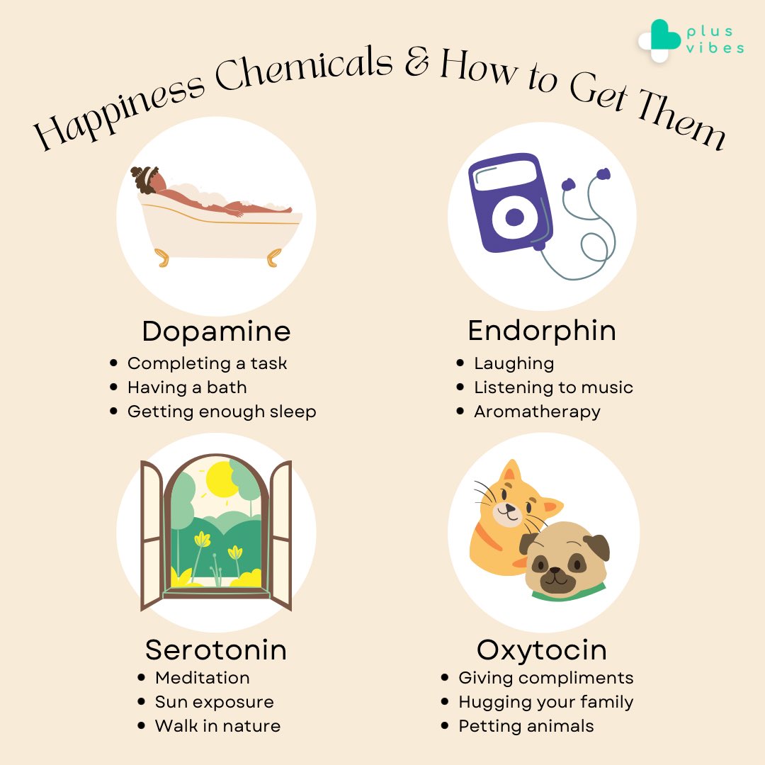 myplusvibes's tweet photo. The desire to feel happy drives almost everything we do. We’re always looking for the next thing that will satisfy our desire to feel happy.
Check out these happiness chemicals and how to get them! 🌟
#plusvibes #myplusvibes #plusvibesonly #meditation #mentalhealth https://t.co/N2KgBINTpS