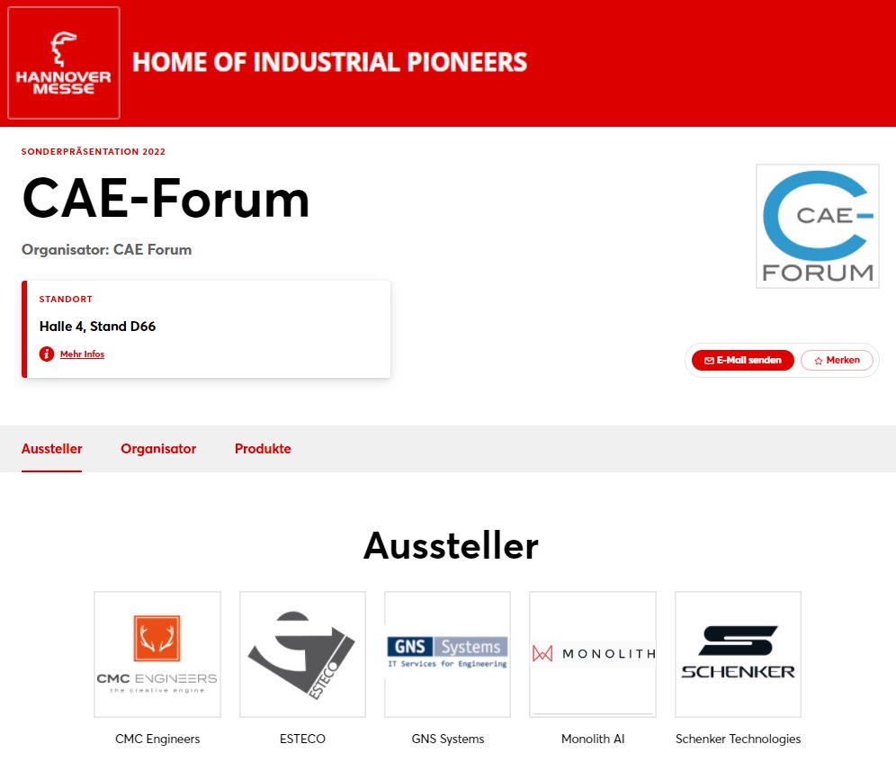 Ab jetzt online @HannoverMesse 
Jetzt einen Platz auf dem Gemeinschaftsstand #CAE-Forum buchen:

Aussteller:
lnkd.in/dtSmFw8e

Vorträge:
lnkd.in/dwm752BE

Bühnen Sponsor:
lnkd.in/d9VgX2mR
#simulation #3ddruck #engineering #VR #AR #digitalTwin
