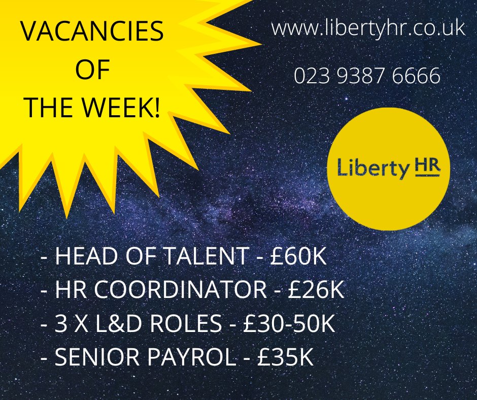 libertyhr2's tweet photo. This week's #HR #VacanciesOfTheWeek

If there's something that takes your fancy, why not give the Liberty HR Recruitment #JOBS page a click (https://t.co/0BJITDCWRq) or call the team on 023 9387 6666 for an informal chat? https://t.co/aYaIYALmze