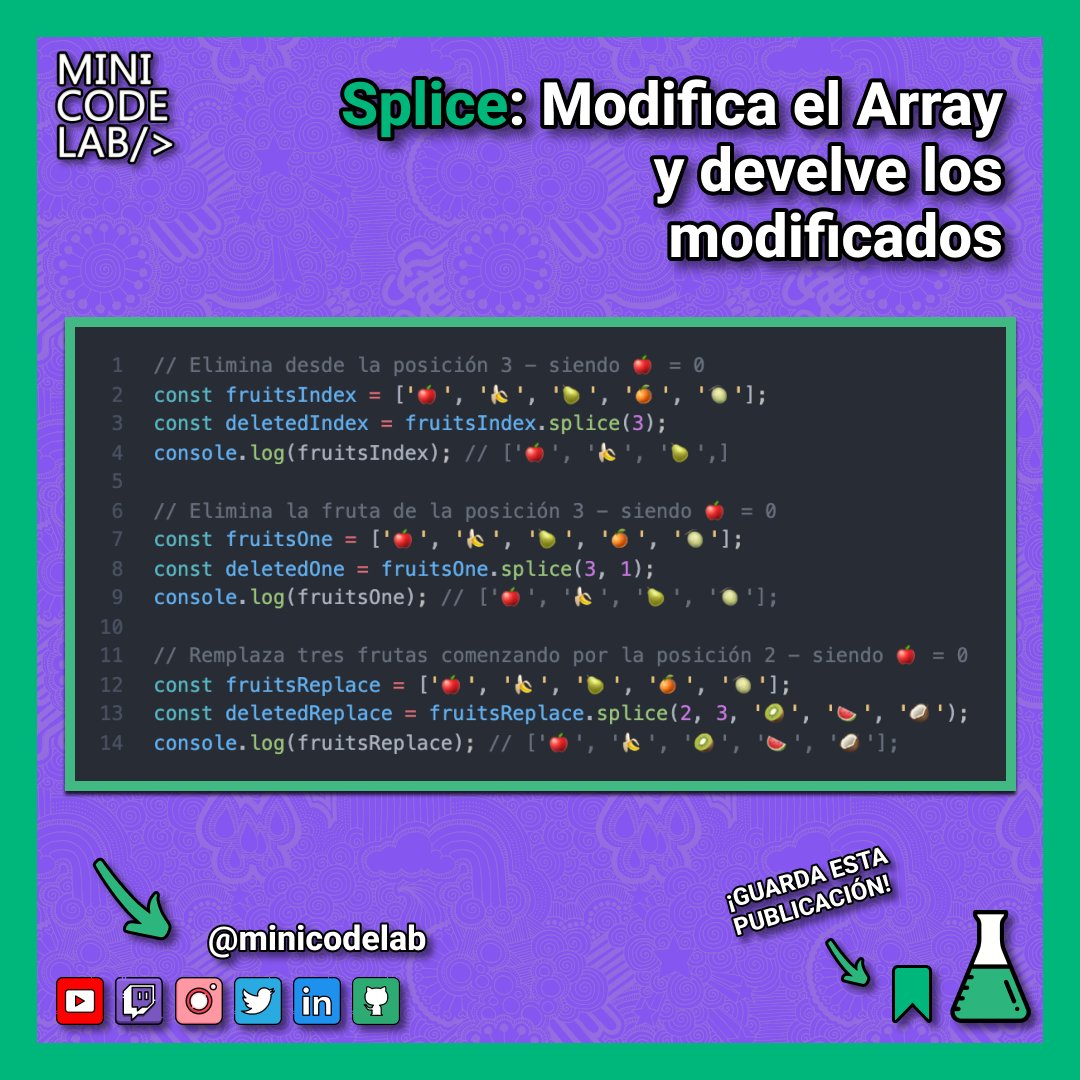 minicodelab's tweet image. ¡Buenas tardes MiniCode!
En el Snippet de código de hoy os enseñamos para que sirve "Splice" en JavaScript.
¡Dádle calor y compartid si os ha servido!
#MiniCodeLab