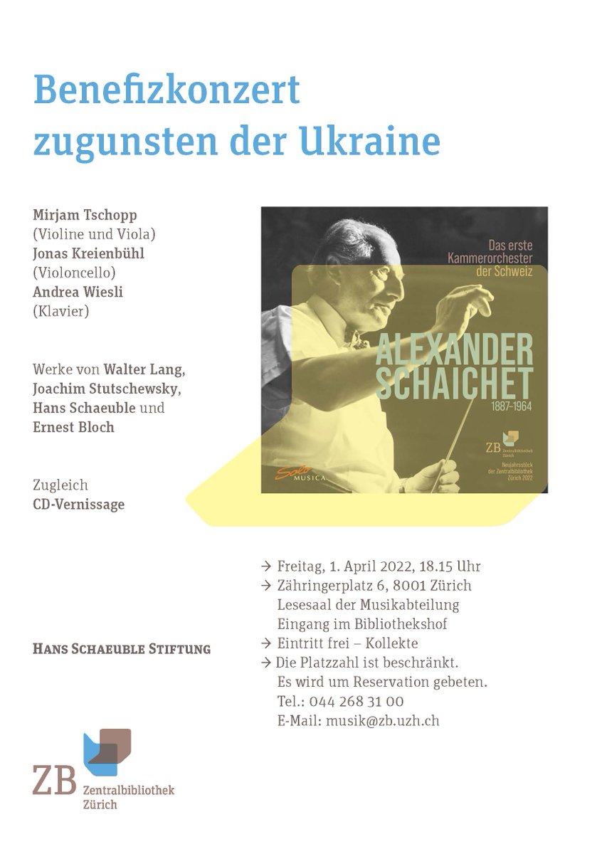 Am 1. April findet in der Musikabteilung im Rahmen der CD-Vernissage des ZB-Neujahrsstücks 2022 ein Benefizkonzert zugunsten der Ukraine statt. Eintritt ist frei, die Kollekte wird an die Glückskette gespendet. zb.uzh.ch/de/events/cd-v…