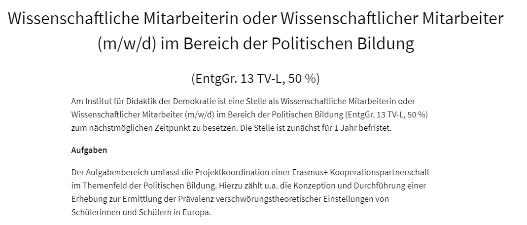 Das IDD braucht Verstärkung: Wir suchen eine*n WiMi*in mit Interesse an einer #ErasmusPlus  Projektkoordination und Politischer Bildung, inkl. Möglichkeit zur Promotion. Alle Details hier: uni-hannover.de/de/jobs/5075/
Gerne teilen!
#politischebildung