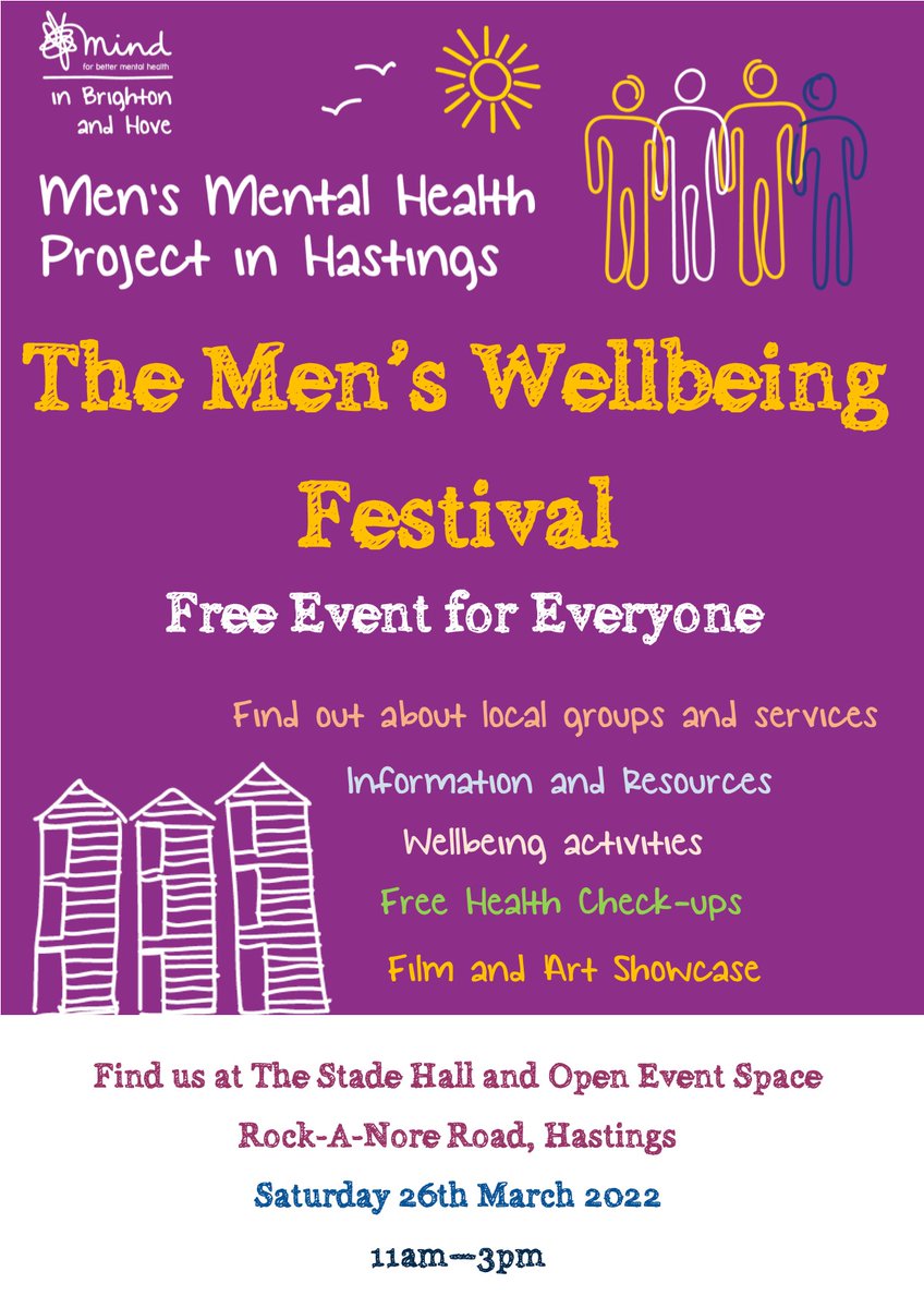 Men’s Wellbeing Festival - 26th March

<a href="/MindBrighton/">Mind Brighton & Hove</a> are hosting a Men’s Wellbeing Festival on Saturday 26th March from 11am to 3pm. Find them at the Stade along Hastings Seafront! See flyer below for more info.