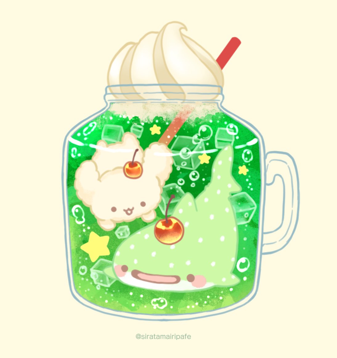 クリームソーダわんことメロンソーダじんべえざめ