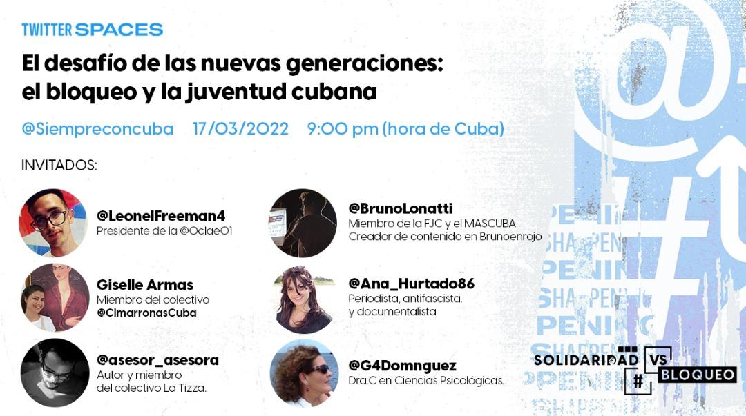 Tonight, at 9:00 pm (Cuban Time) we will be holding the Space 'The challenge of the new generations: the blockade and Cuban youth.' With special guests that you cannot miss.  Here you have the link: 👇👇👇 x.com/i/spaces/1zqjv…