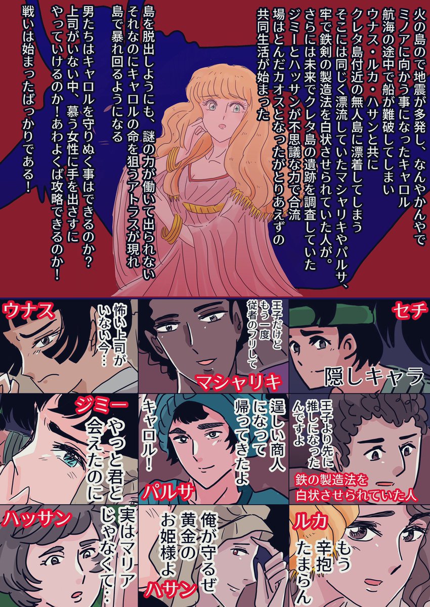 下の呟きから始まった、無人島にでも送り込まないと恋愛ができないメンツを集めた王家ドキサバがやりたいという妄想を広げたのもの
キャロルが攻略するんじゃなくて
キャラを選んでキャロルを攻略するゲームです https://t.co/OOxH69nxSR