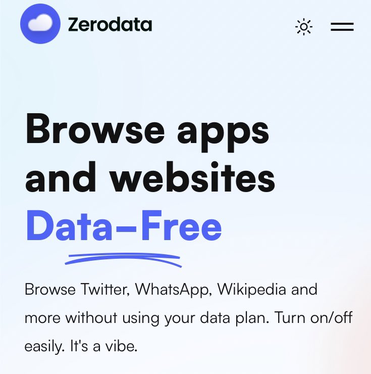 Introducing ZeroData!

Imagine tweeting for free or chatting nonstop on WhatsApp without using your data.

ZeroData is here to bring your imagination to life! 💃 

With ZeroData, you can tweet and visit some websites for FREE!

#GoDataFreeWithZeroData 

👇🏾👇🏾👇🏾