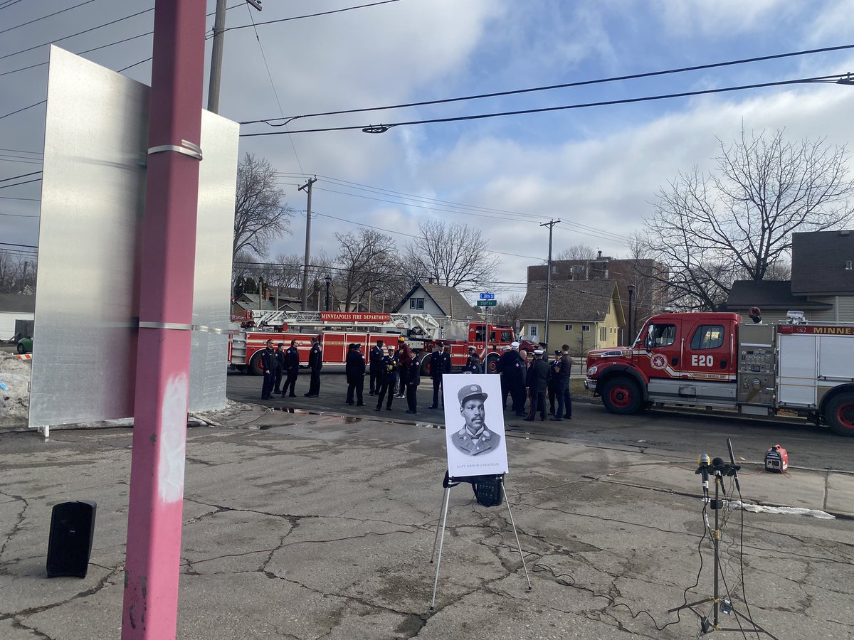 HAPPENING NOW: Dozens of community leaders/firefighters are gathering to celebrate the renaming of Dight Avenue to Cheatham Avenue in south Minneapolis in honor of John Cheatham, the City’s first Black firefighter who joined the fire department in 1888. <a href="/kare11/">KARE 11</a>