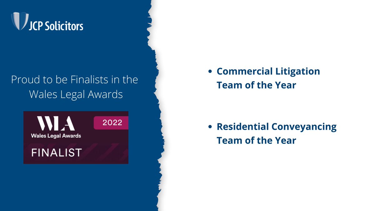 jcpsolicitors's tweet photo. 🥳 We are proud to be finalists in the @WalesLegalAward for the following categories:

🌟 Commercial Litigation Team of the Year
🌟 Residential Conveyancing Team of the Year

💙 Congratulations #TeamJCP #WLAs2022 https://t.co/5R1n2iD7ey