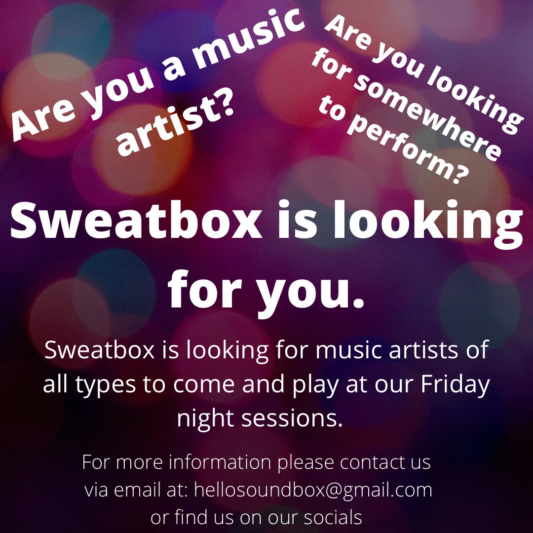 SweatboxWantage's tweet photo. Are you in a band? Are you looking for somewhere to perform? Sweatbox is looking for artists to play at our Friday night Soundbox sessions - to find out more please email us on hellosoundbox@gmail.com https://t.co/clFYZdOjju