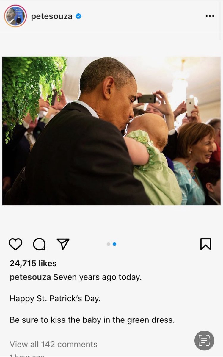 Thank you ⁦@PeteSouza⁩ for posting this lovely photo on Instagram today. This is my granddaughter, Grace O'Connor, at a St. Patrick's Day party in the Obama White House. She has the luck of the Irish, indeed.