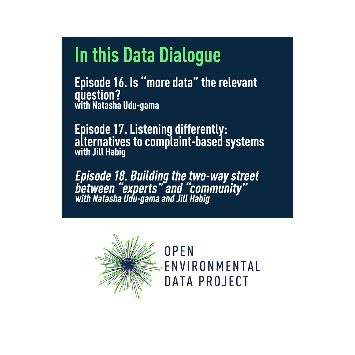 It's here! The final episode of #DataDialoguesPodcast Season 1! Today we're featuring the group conversation between <a href="/nmu527/">Natasha</a> of <a href="/ThrivingEarth/">Thriving Earth Exchange</a> / <a href="/theAGU/">AGU (American Geophysical Union)</a> and <a href="/jehabig/">Jill Habig</a> of @public_rights. Join us to hear their perspectives on #Science, #Law, #Environment, and #Community!