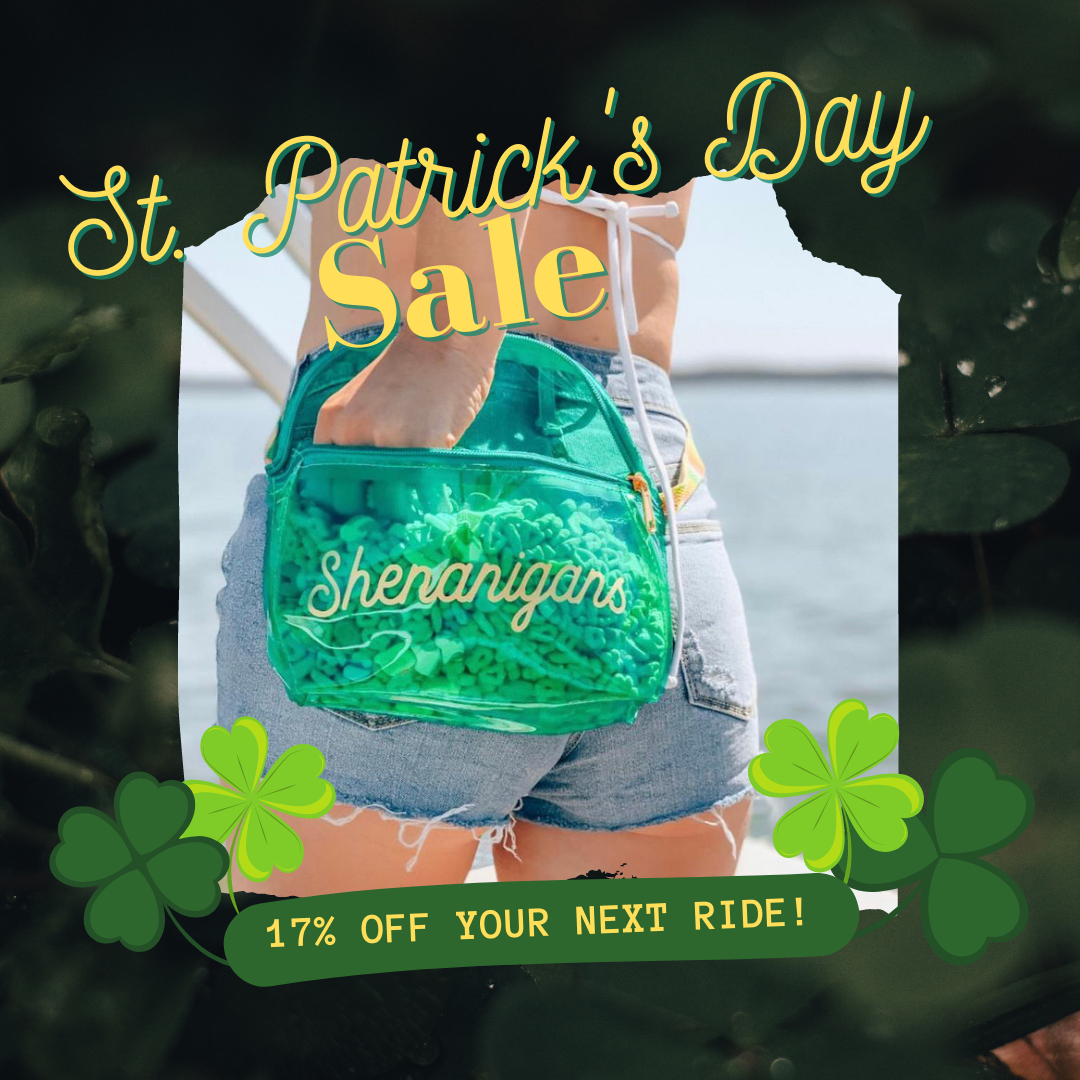 Let's see how much shenanigans you can get in on your next High Tide Rides excursion! ✨

Use code: "FEELINLUCKY", TODAY ONLY to get 17% off your next ride ☘️ 

#feelinlucky #stpatricksday #stpattysdaysale #flashsale #deals #nashville #thingstodoinnashville