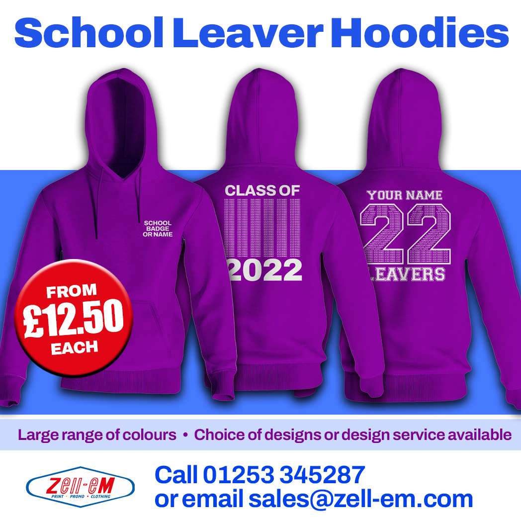 ZellEmGroup's tweet photo. It'll soon be school leaving time! Get those Leaver's Hoodies ordered from ยฃ12.50 per hoodie, using your design or a choice of designs. Get in touch to discuss your needs 01253 345287 or email sales@zell-em.com #zellem #school #leavers #schoolleavers #hoodies #customised #printed https://t.co/ZQLAFTR6IL