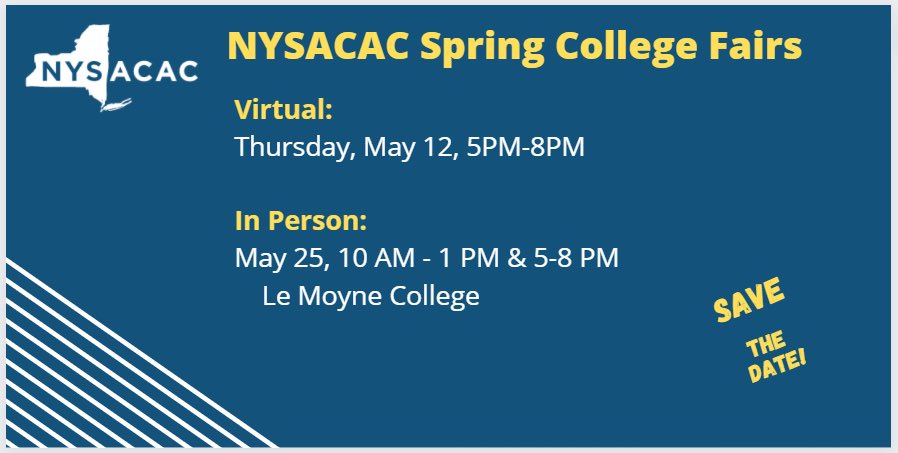 CampCollege's tweet photo. Save the date for our Spring 2022 NYSACAC College Fairs!  For more information visit, https://t.co/uArOYMHX1m https://t.co/osf4o3y7xh