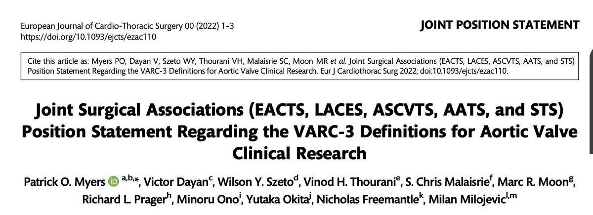 Just out: our joint surgical statement <a href="/EACTS/">EACTS</a> <a href="/LATAM_LACES/">LACES</a> #ASCVTS <a href="/AATSHQ/">AATS</a> <a href="/STS_CTsurgery/">The Society of Thoracic Surgeons</a>  on the #VARC-3 definitions for aortic valve research
🧵

Joint simultaneous publication in our journals: academic.oup.com/ejcts/advance-…

annalsthoracicsurgery.org/article/S0003-…

jtcvs.org/article/S0022-…