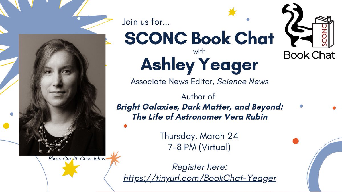 sconc's tweet photo. There's still time to register for this SCONC book chat!  We'll talk with @AshleyJYeager about her new book on pioneering astronomer Vera Rubin. Come learn about writing books and the extraordinary life of Dr. Rubin!

RSVP (free): https://t.co/ZRYqJTTul5 https://t.co/8tQdanCkl6