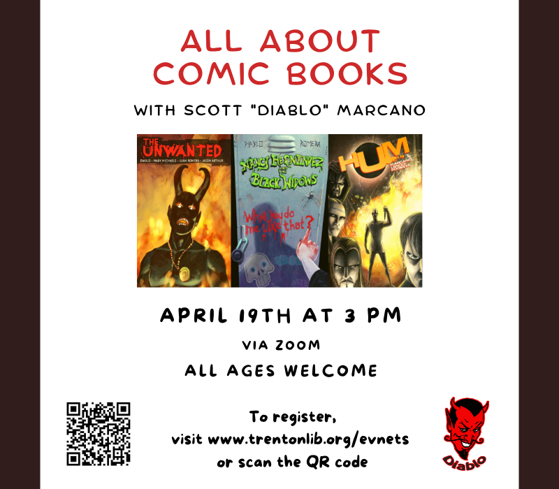 TrentonPubLib's tweet photo. Renowned comic book guru/filmmaker Scott “Diablo” Marcano will share the history of the genre, how #comic_books are made, and how to get started as an artist or writer in the industry! For all ages.
Register in advance for this webinar:
https://t.co/OcHnyPcZ5K https://t.co/nsoV5TbwBa