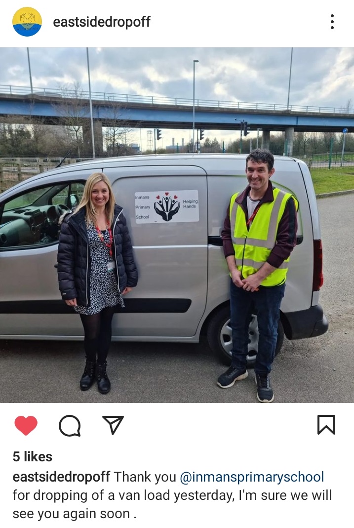 inmansprimarysc's tweet photo. Thank You so much to our parents/carers and school staff for all the amazing donations for Ukraine, earlier this week Mrs Smith &amp; our Inmans Helping Hands driver Ant dropped off a van load of donations to Eastside Drop Off . Well Done Everyone! #WeStandWithUkraine #TeamInmans https://t.co/QaMW7NQQHZ