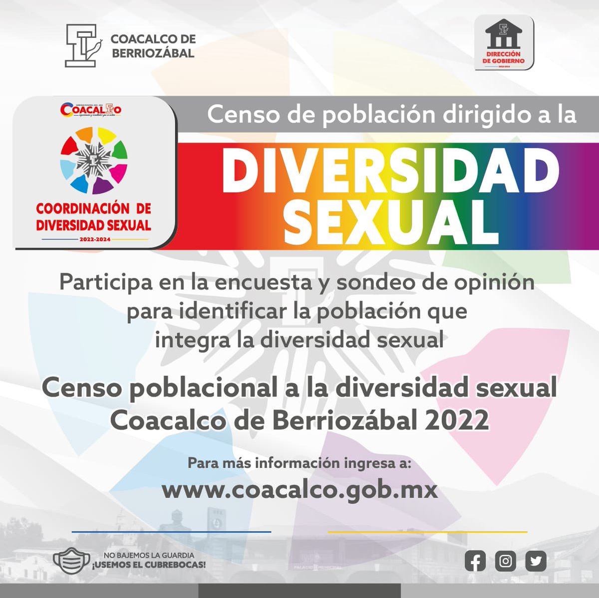 GobCoacalco2022's tweet image. Te invitamos a participar en la Encuesta y Sondeo de Opinión para identificar a la población que integra la diversidad sexual. 🏳️‍🌈¡Hagamos hacer valer los derechos de todas y todos! ¡Participa y comparte!
👉🏻coa.gob.mx/diversidad-sex…