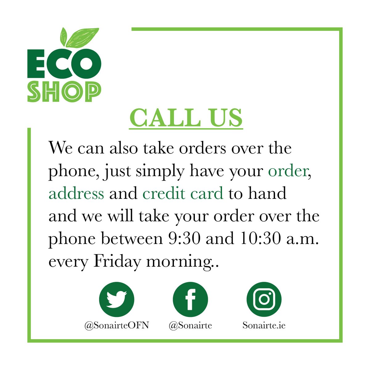 SonairteOFN's tweet photo. We are offering a phone in service for for those who might need it. All you need is your order, address and credit card. Call us between 9:30 and 10:30 a.m. Friday morning and we will take your order.

#callus #phoneorders #localdelivery #wereheretohelp https://t.co/5OCC4LUQi1