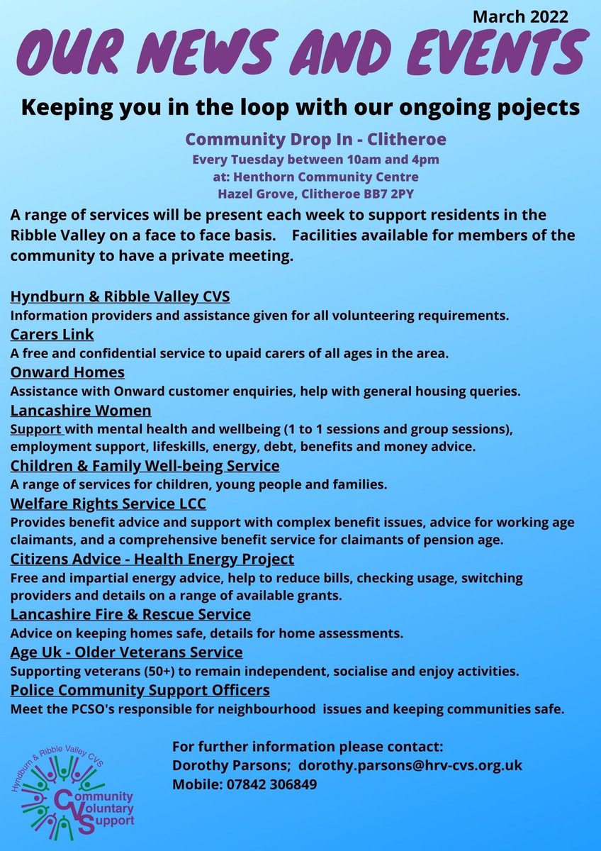 THE_HRVCVS's tweet photo. A range of services are available for face to face meetings at Henthorn Community Centre, Clitheroe.  For further information or to book an appointment please contact: dorothy.parsons@hrv-cvs.org.uk @THE_HRVCVS @RibbleValleyBC @LancashireWomen @AgeUKLancashire @CarersLinkLancs https://t.co/njz42uqIgn