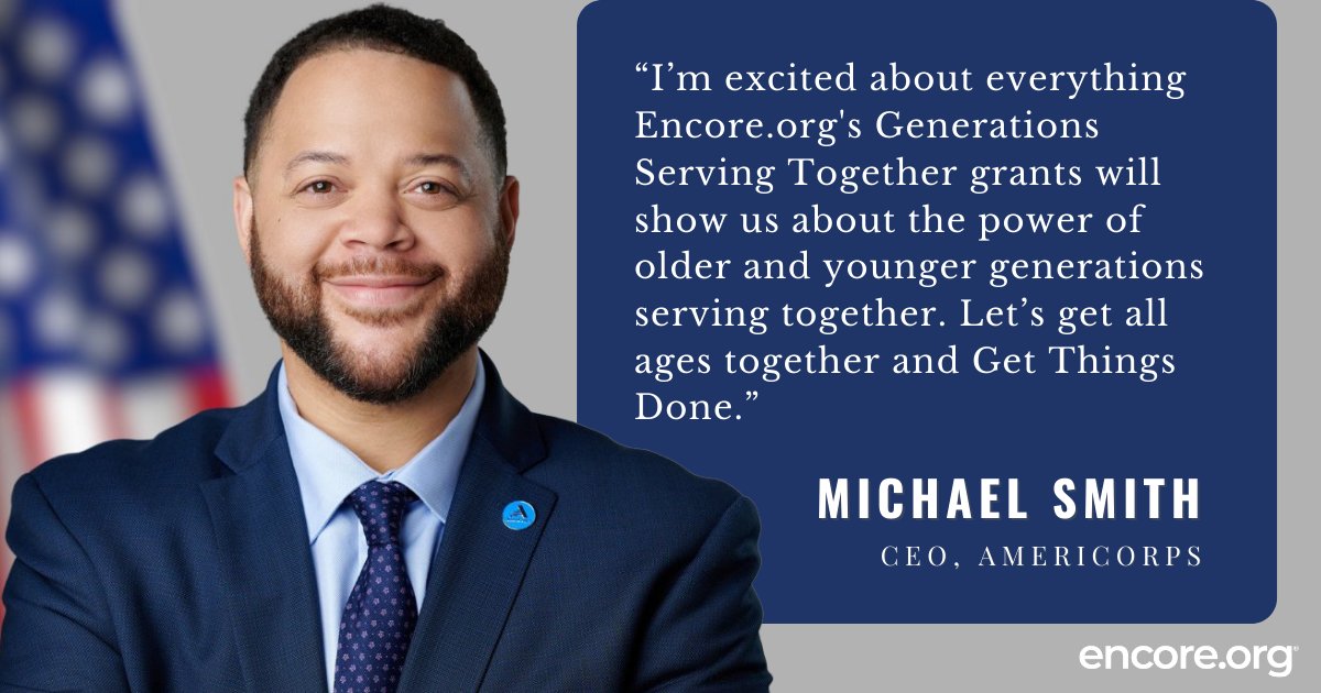 Ready to age-integrate national service? We’ve got $25K grants for that! Learn more about this exciting grant for <a href="/AmeriCorps/">AmeriCorps</a> funded orgs. Apply by 4/22. #cogenerate #AmeriCorpsWeek encore.org/servingtogether