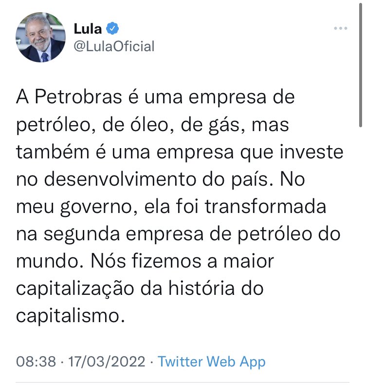 Lula, não teria dia mais infeliz para o seu comentário. Há exatos 8 anos, a Lava Jato prendia um diretor da Petrobras que você nomeou e que recolheu propina por uma década. Graças à Lava Jato, a Petrobras já recuperou 6 bilhões. Tem certeza que você quer falar disso justo hoje?