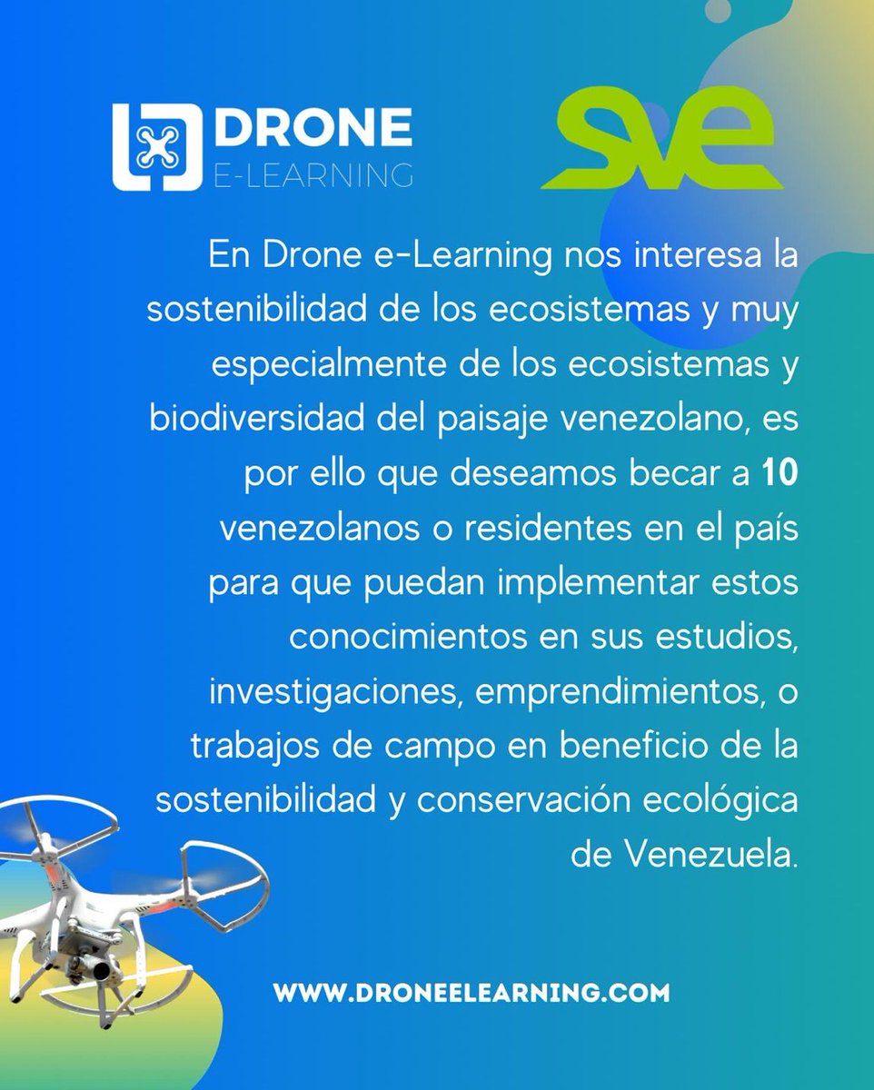 DroneeLearning's tweet photo. 🌿 La @SVEcologia y 
@DroneeLearning te invitan a postularte a una Beca para acceder gratuitamente a todos los cursos de Drone e-Learning , aplica aquí: https://t.co/aCeTtXmXw5

#dronetech #ecologia #Venezuela #educacion #drones #svecologia #droneelearning #biodiversidad https://t.co/nr7s88BlvB