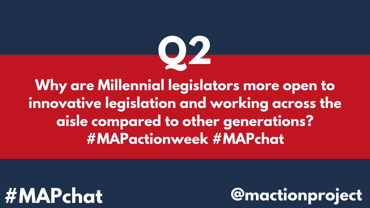 futurecaucus's tweet image. Q2: Why are Millennial legislators more open to innovative legislation and working across the aisle compared to other generations? #MAPactionweek #MAPchat