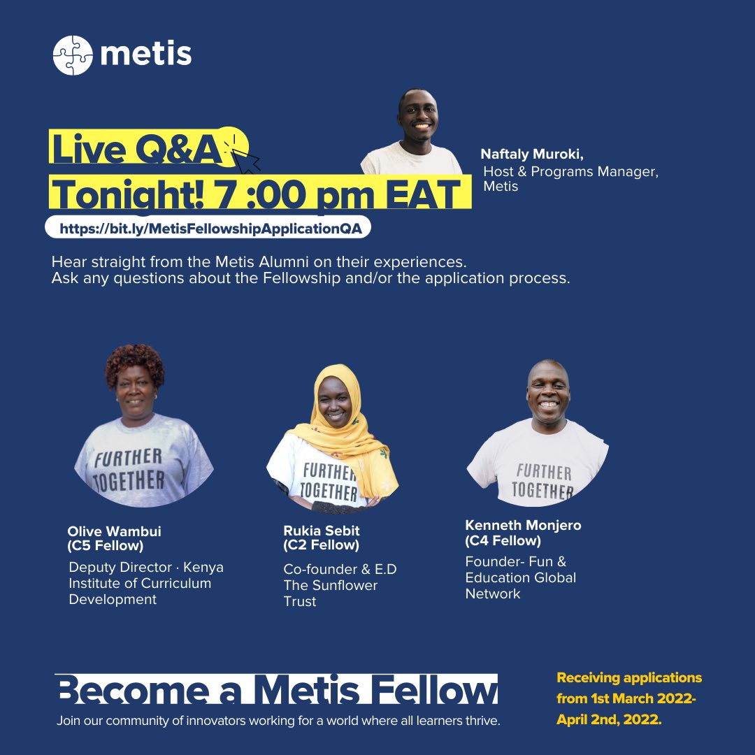MetisCollective's tweet photo. Do you have questions on what it means to be a #Metisfellow?
Looking for some inspiration to join the fellowship?
Maybe you want to gain a few pointers on what a good application looks like?
Join us tonight at 7:00pm EAT for a live Q&A session!
https://t.co/nwGMCNxKRb https://t.co/9PRB1ScWtg