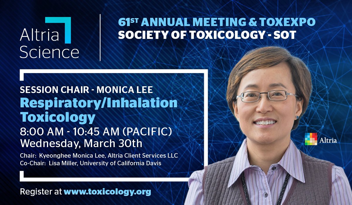 AltriaScience's tweet photo. Join us at #2022SOT and hear from our Altria Scientists! Dr. Monica Lee will chair the March 30th session on respiratory/inhalation toxicology.
#AltriaScience #TobaccoHarmReduction #Science
Learn more about our Pre-clinical science https://t.co/YsOpXSxdSM https://t.co/3j83xswpvY