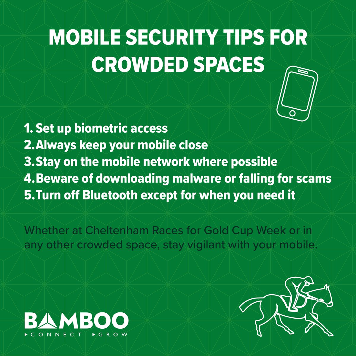 Bamboo Technology Group (@bambootech_) on Twitter photo Itâs Gold Cup Week this week in Cheltenham and if the weather holds weâre expecting big crowds!
Take a look at our advice to protect your phone and lock down your personal data when youâre out and about... bamboo.tech/protecting-youâŚ
Written in partnership with <a href="/tracedapp/">Traced Mobile Security</a> Itâs Gold Cup Week this week in Cheltenham and if the weather holds weâre expecting big crowds!
Take a look at our advice to protect your phone and lock down your personal data when youâre out and about... bamboo.tech/protecting-youâŚ
Written in partnership with <a href="/tracedapp/">Traced Mobile Security</a>