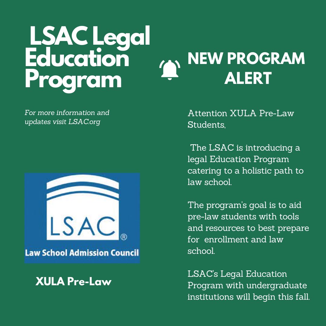 🚨Attention: all #XULA #PreLaw students🚨 

There is a great opportunity coming up this fall , be on the look out for LSAC’s new Legal Education Program. Be on the lookout for more information. 

lsac.org/legal-educatio…