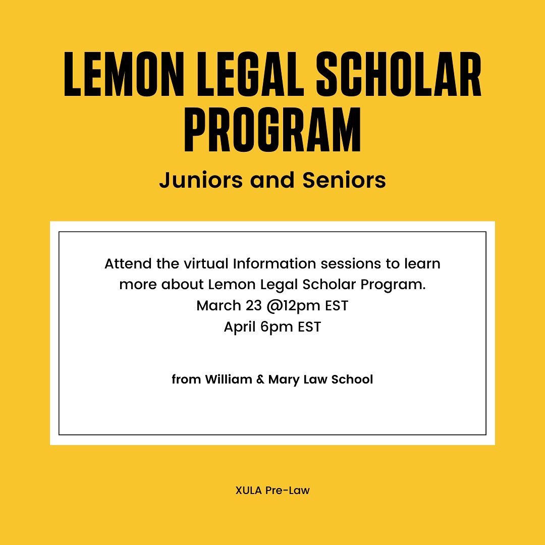 xulaprelaw's tweet photo. William &amp; Mary Law School has a  scholarship opportunity for XULA students! For info join the upcoming virtual sessions. Take advantage 💛

#XULA23 #XULA22 https://t.co/jJDABNEOOx