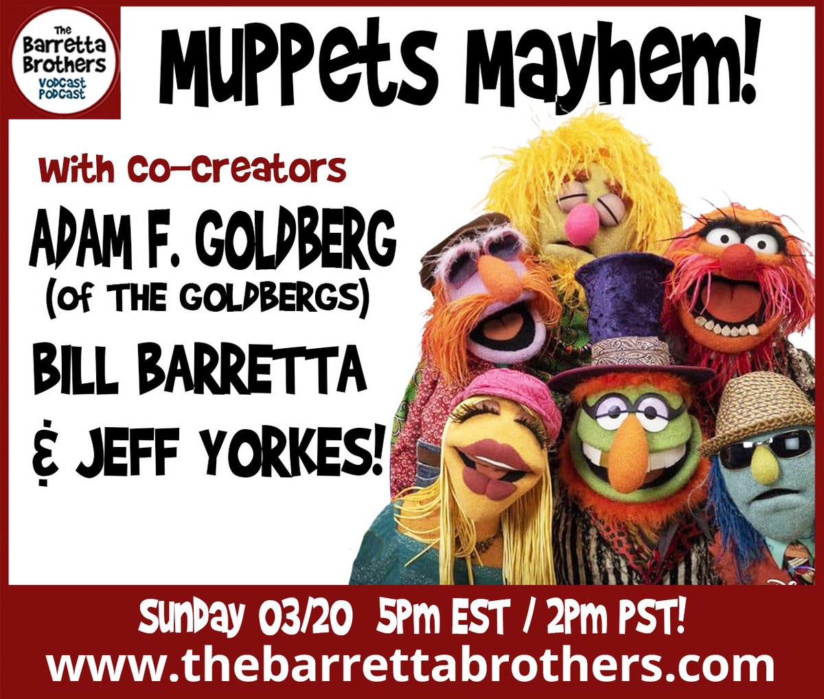 Ready for some Muppet Mayhem?! Big new show on Sunday! Join us for live conversation and Q&amp;A with Muppets Mayhem co-creators, Adam F. Goldberg (of The Goldbergs), Bill Barretta, and Jeff Yorkes. youtube.com/watch?v=uX37HN… <a href="/billbarretta/">Bill Barretta</a>
