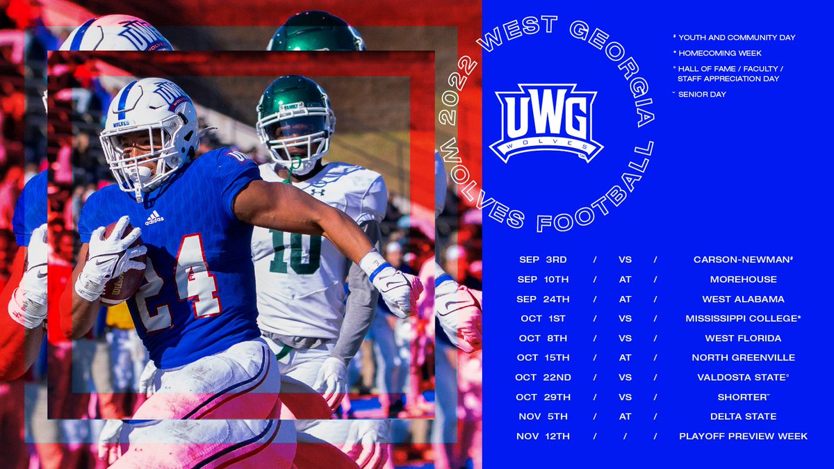 🚨2022 Football Schedule Released

In 170 days, UWG Football will open the 2022 season at home against Carson-Newman 

September 3 - 6PM
University Stadium

Story: bit.ly/3tiDNCb

#WeRunTogether