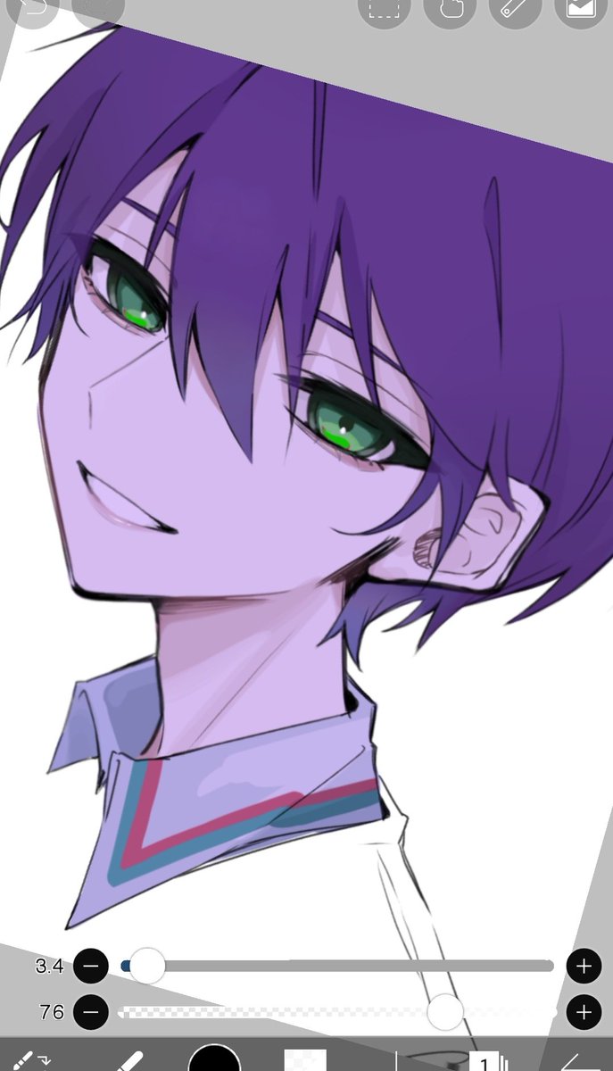 1boy solo male focus collared shirt green eyes purple hair smile  illustration images