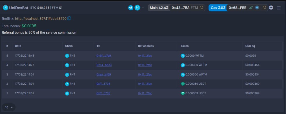 UniDexBot includes a referral program. Each user can attract referrals and receive a portion of the commission for each of their swaps!