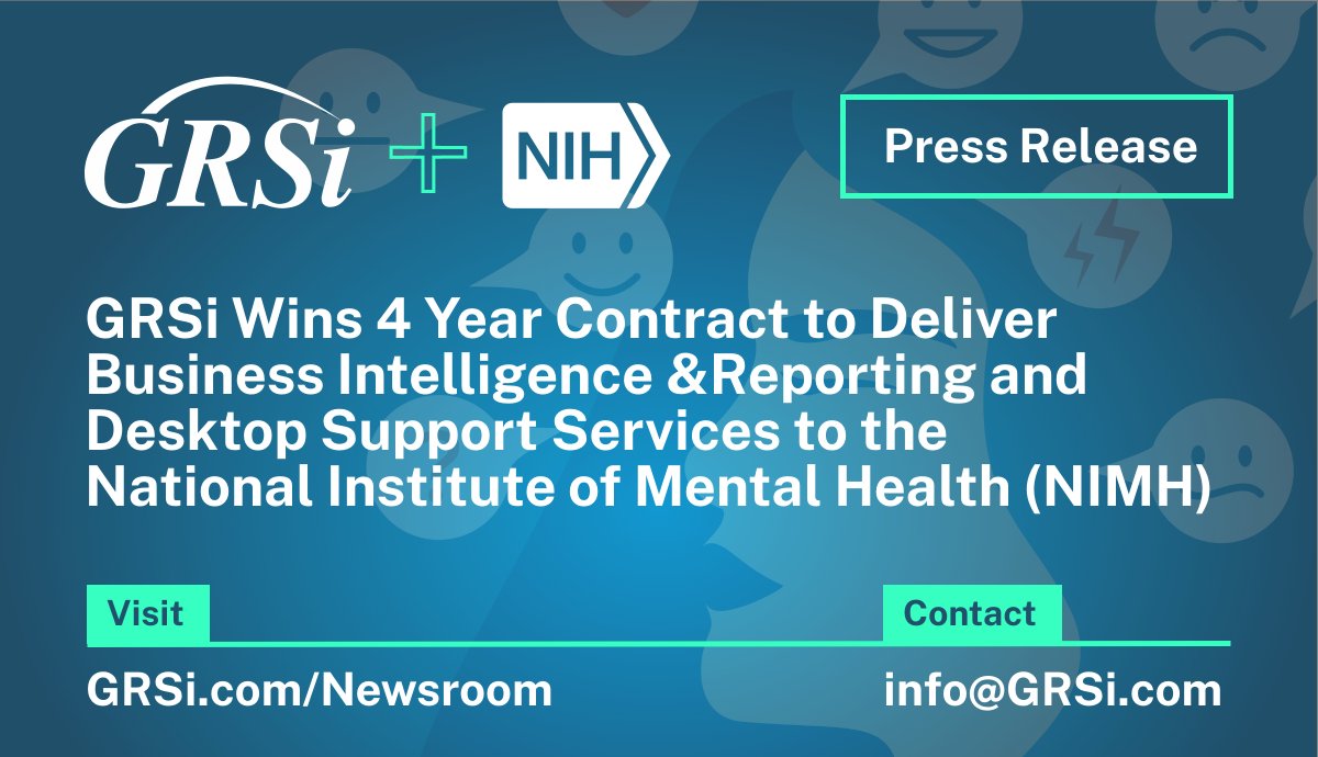 Press Release
<a href="/InfoGRSi/">GRSi</a>, has been awarded a four-year contract to provide program management, end-user IT support services, and business intelligence and reporting development to @NIMHgov

Details: grsi.com/newsroom/
Jobs: grsi.com/careers/

#GovCon #HealthIT #NIH