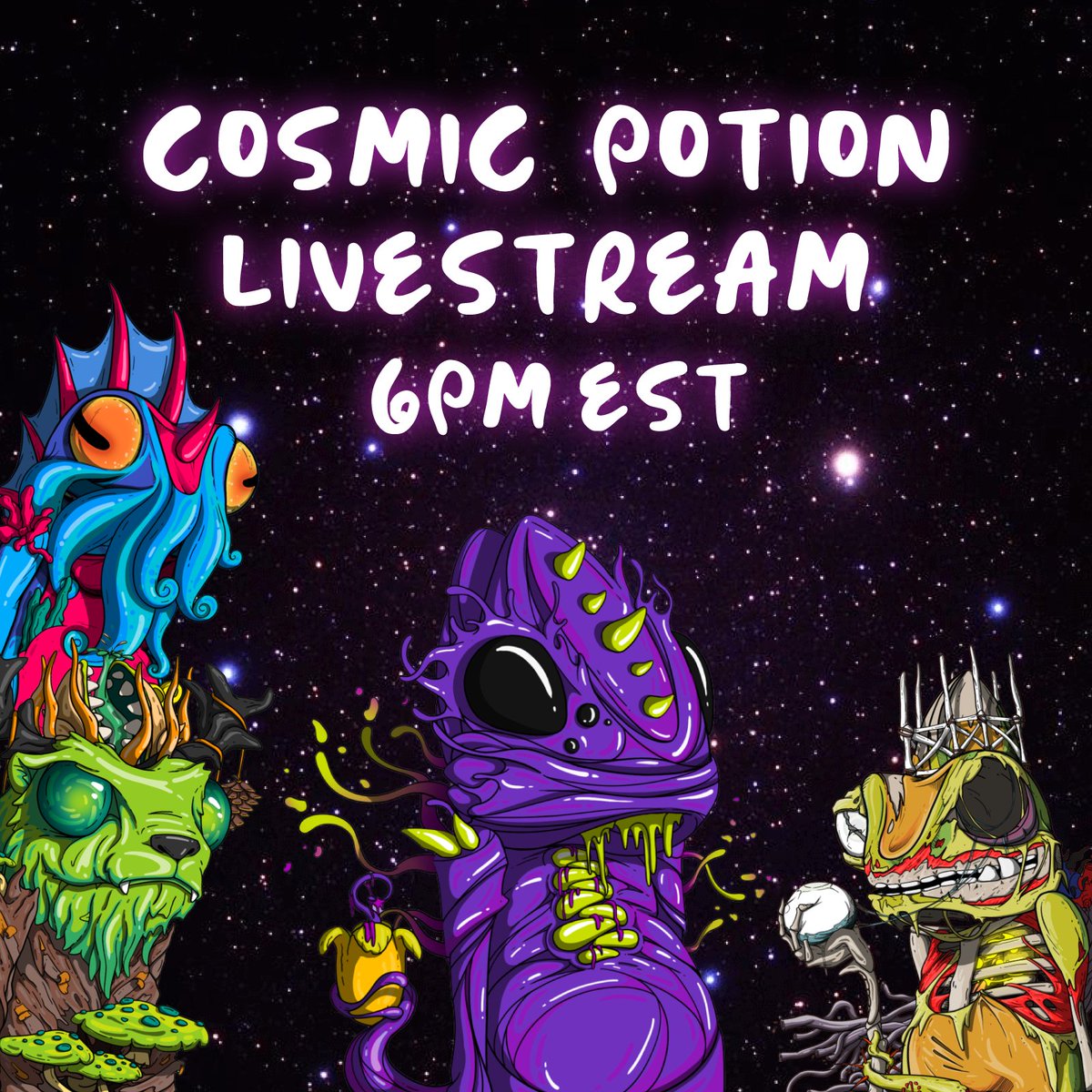 The kings gather in anticipation of galactic transformations that lie in store. Watch live as <a href="/zbush94/">Zach Bush</a> collabs w/the Cosmic faction to design a potion of colossal proportions. Launch sequence begins at 6pm EST in Discord. Join us. 🧪🦎👽🪐 #ChamFam #nftart #NFTs #GETCOSMIC