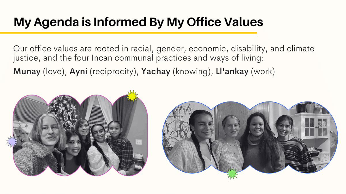 DreaValderrama's tweet image. My work is rooted in Incan communal values and principles: Ayni (reciprocity/balance), Yachay (knowing), Munay (love), and Llank'ay (work). My legislative priorities are centered in racial, gender, economic, disability + climate justice values.  #MAPactionweek #MAPchat