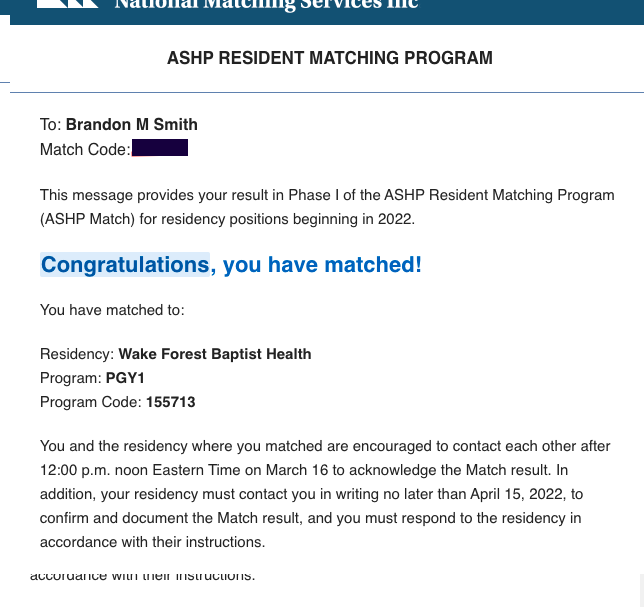 BSmithpharm's tweet photo. I am so excited to announce that I matched with @WakeForestRxRes! Thank you to everyone who helped me along this journey! #MatchDay2022 #TwitteRx https://t.co/MUJhOrvcYM