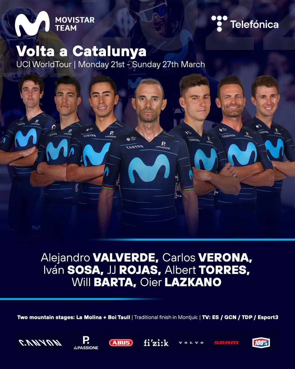 Movistar Team (@movistar_team) on Twitter photo 🚀💙 #LaÚltimaBala, desde este lunes en la #VoltaCatalunya
No podía faltar <a href="/alejanvalverde/">Alejandro Valverde</a> (🏆 2009, '17, '18) en la <a href="/VoltaCatalunya/">Volta a Catalunya</a>. Con él, un gran bloque con <a href="/Carlos_Verona/">Carlos Verona</a>, Iván Sosa, <a href="/jjrojillas/">jose joaquin rojas</a>, <a href="/alberttorresb/">Albert Torres B.</a>, <a href="/willbarta/">William Barta</a> y <a href="/LazkanoOier/">Oier Lazkano</a>.
📒 bit.ly/GuiaVoltaCat22 🚀💙 #LaÚltimaBala, desde este lunes en la #VoltaCatalunya
No podía faltar <a href="/alejanvalverde/">Alejandro Valverde</a> (🏆 2009, '17, '18) en la <a href="/VoltaCatalunya/">Volta a Catalunya</a>. Con él, un gran bloque con <a href="/Carlos_Verona/">Carlos Verona</a>, Iván Sosa, <a href="/jjrojillas/">jose joaquin rojas</a>, <a href="/alberttorresb/">Albert Torres B.</a>, <a href="/willbarta/">William Barta</a> y <a href="/LazkanoOier/">Oier Lazkano</a>.
📒 bit.ly/GuiaVoltaCat22