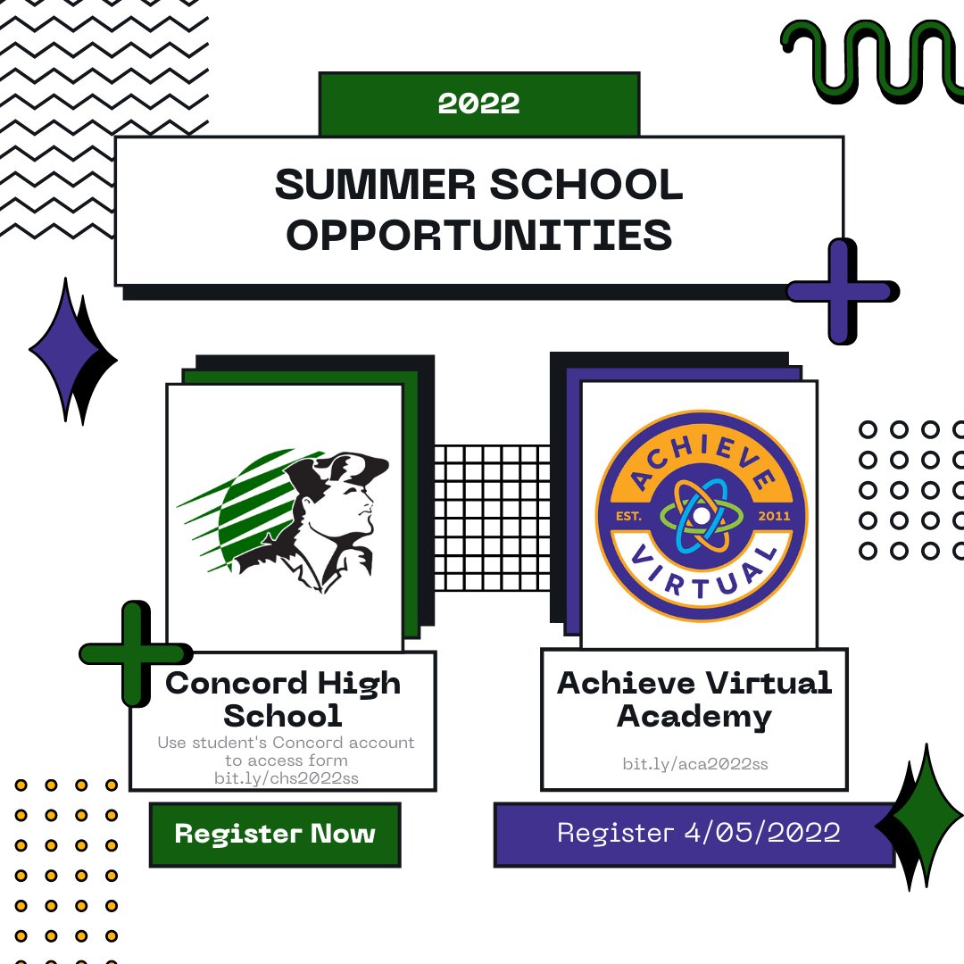 chsstuserv's tweet photo. Check out the 2022 Summer School opportunities available to Concord students! Use the links below for more information!

Concord (use student's Concord account to access the form) - https://t.co/iEsmxobeMX

Achieve Virtual - https://t.co/kJVcfmynXS https://t.co/RuKbw5r0QR